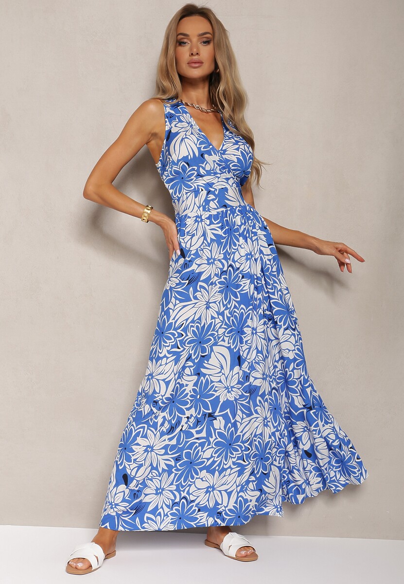 Niebieska Kopertowa Sukienka z Wiskozy z Wiązaniem i Gumką w Pasie Vikissima