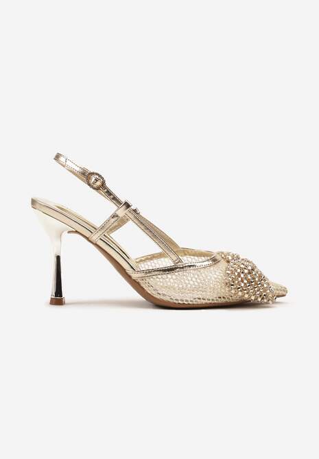 Złote Sandały Siateczkowe Vices na Szpilce Zdobione Kokardą i Cekinami Reandra