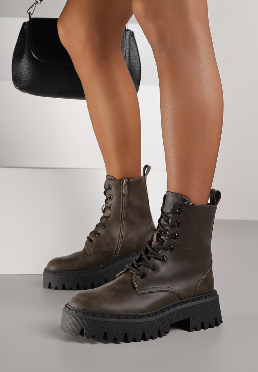 Szare Sznurowane Botki na Platformie w Stylu Workerów Sairene
