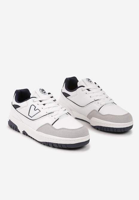 Biało-Granatowe Sneakersy Sznurowane z Aplikacją na Boku i Przeszyciami Irilian