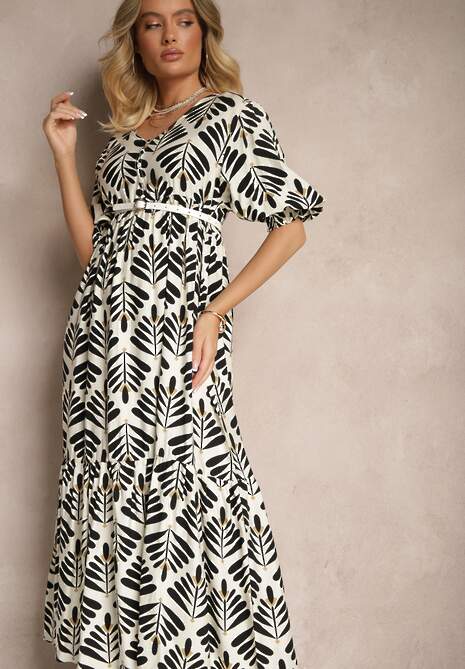 Czarna Sukienka z Wiskozą o Rozkloszowanym Kroju w Roślinny Wzór Heledis