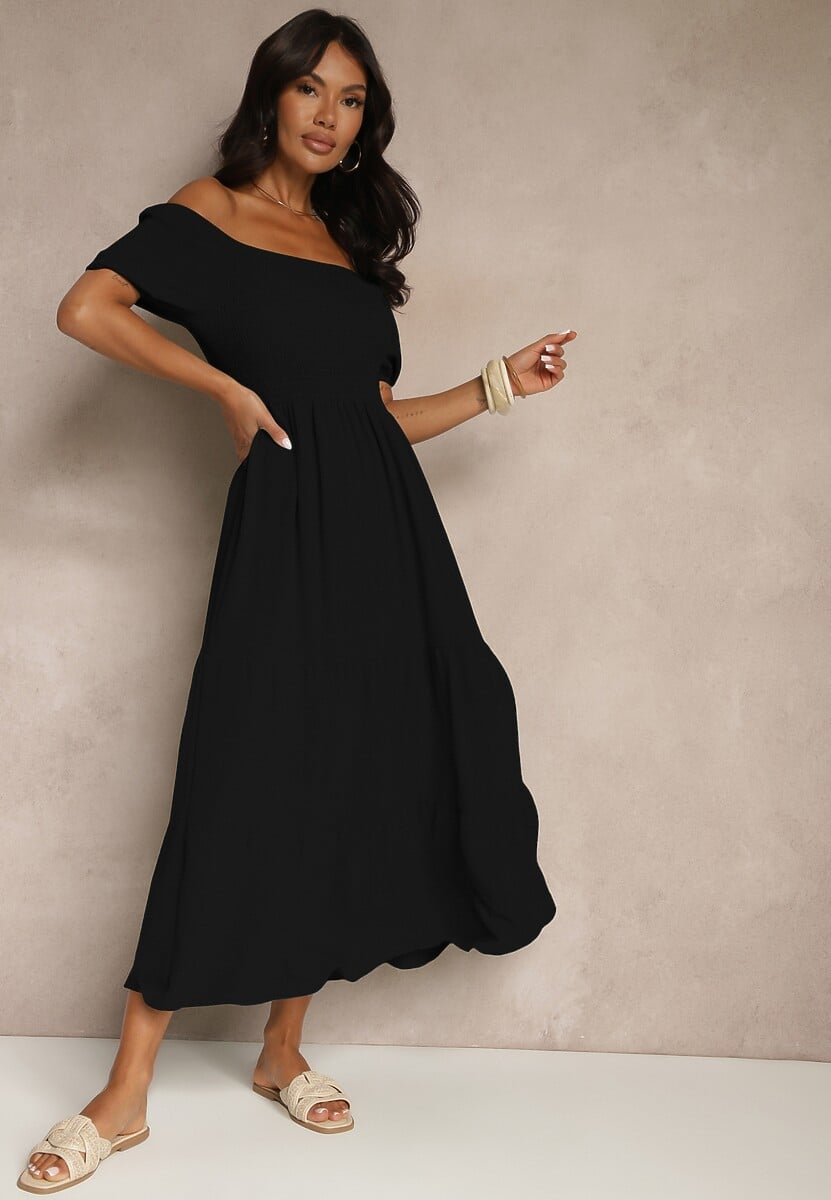 Czarna Sukienka Hiszpanka z Marszczoną Górą Lumirielle