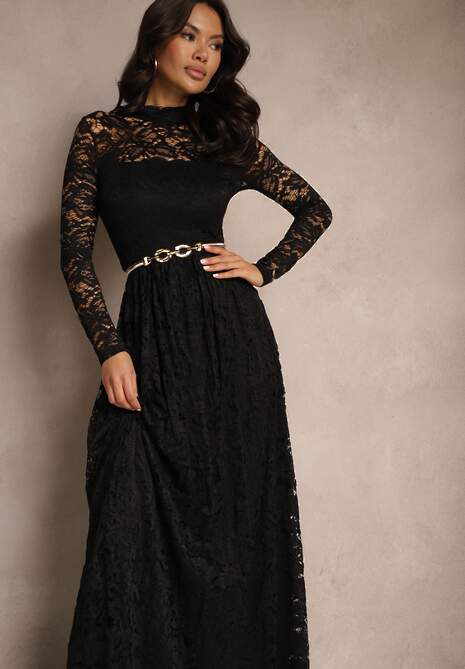 Czarna Koronkowa Sukienka o Rozkloszowanym Kroju ze Stójką i Gumką w Pasie Delidra