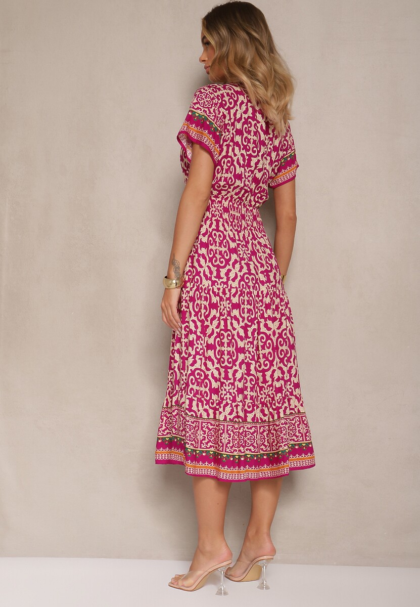 Fioletowa Sukienka z Bawełny z Gumką w Pasie i Ozdobnymi Guzikami Natifarela