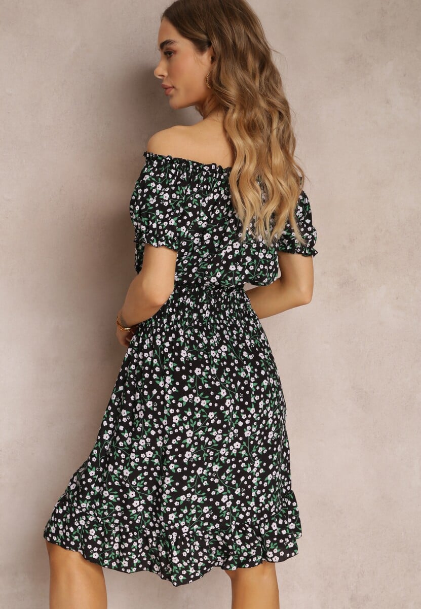 Czarna Bawełniana Sukienka Midi Hiszpanka z Gumką w Pasie Dnise