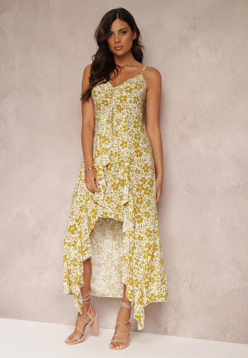 Jasnozielono-Biała Sukienka Maxi z Dłuższym Tyłem na Cienkich Ramiączkach Stanisa