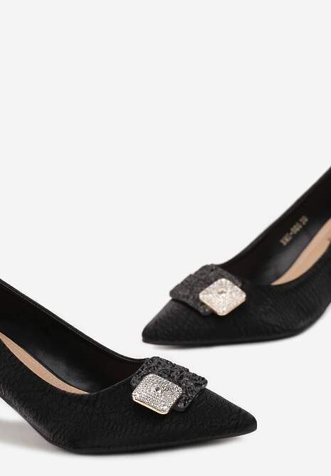 Czarne Czółenka z Ekoskóry ze Zwierzęcym Motywem Ozdobione Klamrą z Cyrkoniami Coifa