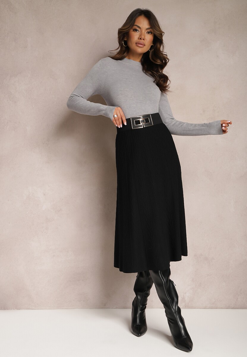 Czarna Rozkloszowana Spódnica Midi ze Sweterkowego Tłoczonego Materiału i Gumką w Pasie Tuilera