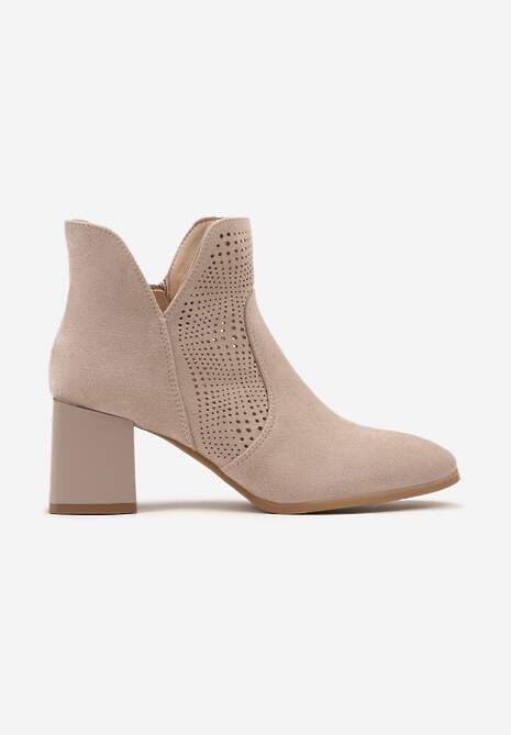 Beżowe Botki z Ażurową Cholewką ze Skórzaną Wkładką i Noskiem w Szpic Voilaria