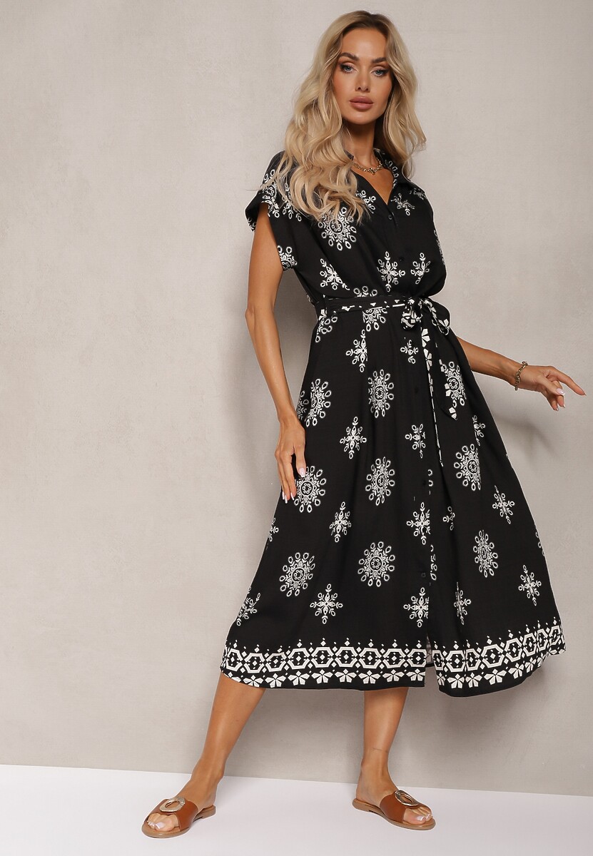 Czarna Sukienka z Dodatkiem Wiskozy o Kroju Koszulowym Wykończona Paskiem i Guzikami Mivavia