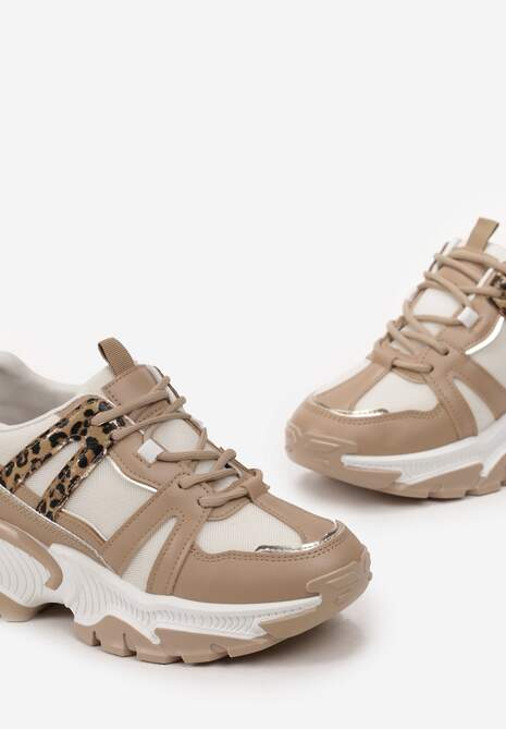 Ciemnobeżowe Sznurowane Sneakersy na Grubej Podeszwie ze Wstawkami i Brokatem Widgeta