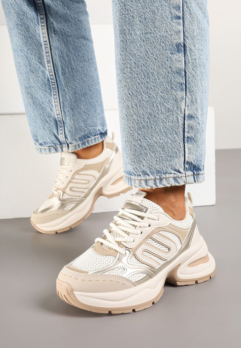 Beżowe Sneakersy na Platformie z Tłoczeniem z Geometrycznym Motywem Delothiel