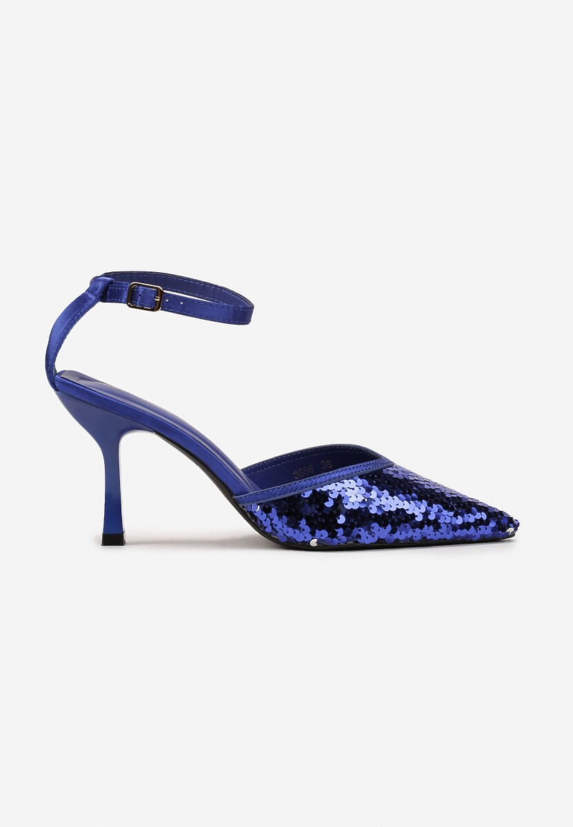 Granatowe Satynowe Czółenka na Klepsydrowej Szpilce Ozdobione Cekinami Asuniza