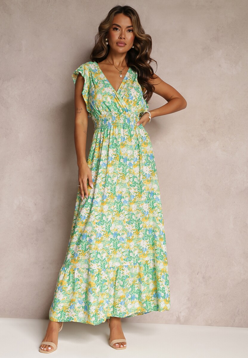 Zielona Wiskozowa Rozkloszowana Sukienka z Gumką w Talii Jasa