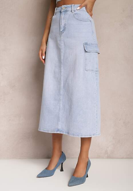 Jasnoniebieska Spódnica Jeansowa Midi Typu Cargo z Kieszeniami Dyleta