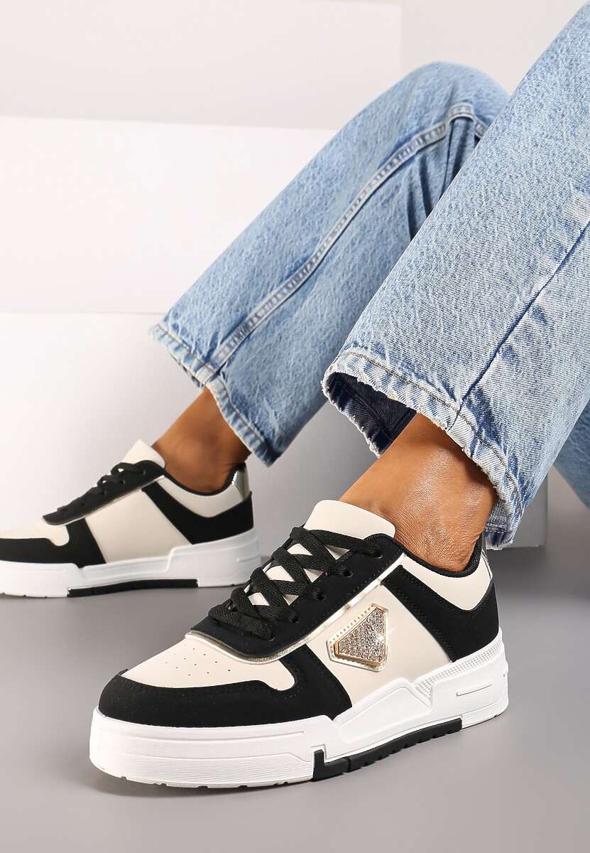 Czarne Sneakersy na Platformie z Cyrkoniową Aplikacją Rexania