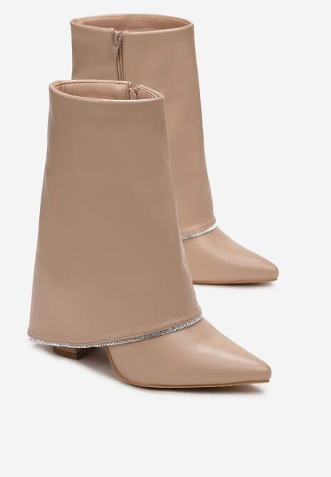 Beżowe Botki na Słupku z Wywiniętą Cholewką w Cyrkonie Vabane