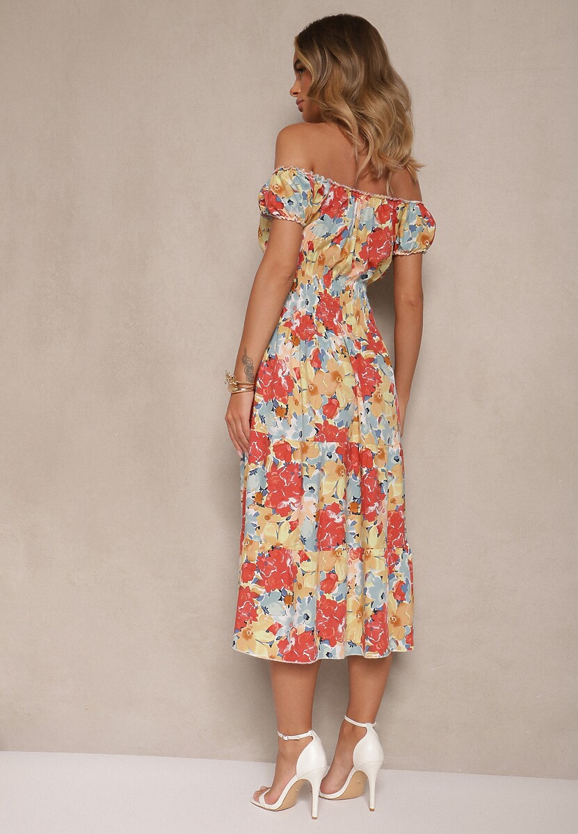 Różowo-Beżowa Sukienka Midi z Krótkim Rękawem z Wiskozy w Kwiaty Emena