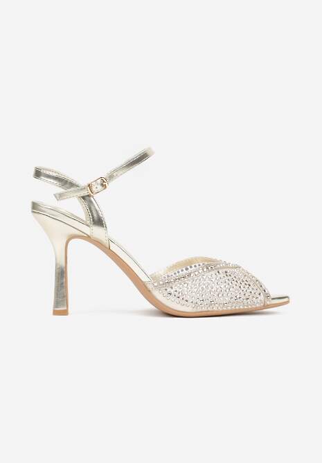 Złote Eleganckie Sandały na Szpilce Ozdobione Cyrkoniami  Viofera
