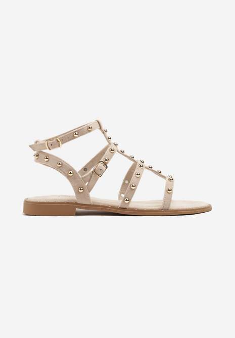 Beżowe Sandały Gladiatorki z Paskami Zdobionymi Nitami Milritia