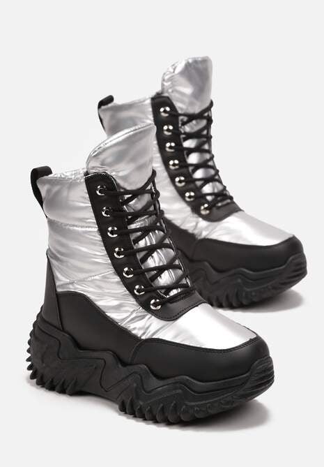 Czarno-Srebrne Traperki na Grubej Podeszwie Lorkani