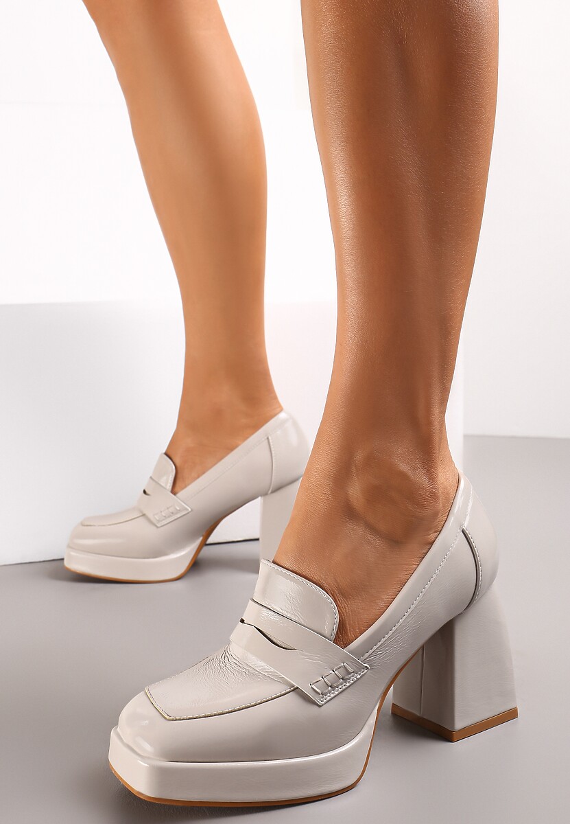 Szare Lakierowane Półbuty Mokasyny na Słupku z Platformą i Skórzaną Wkładką Trevome