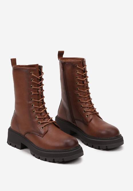 Jasnobrązowe Botki na Płaskiej Podeszwie Ozdobione Wiązaniem Laolin