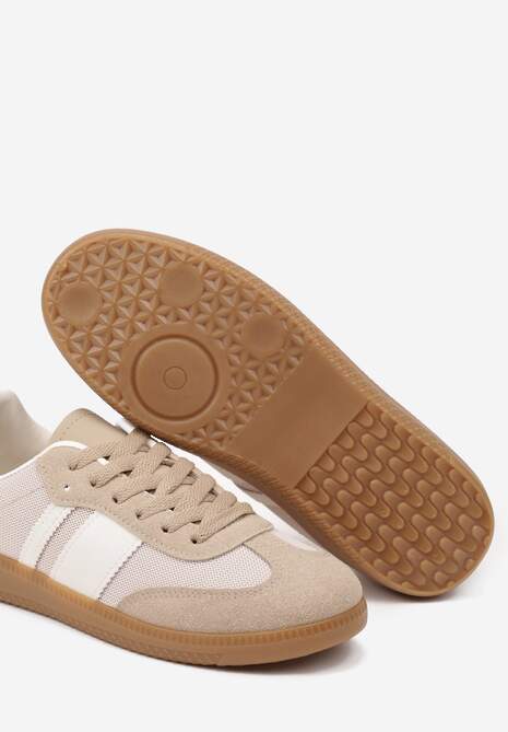 Ciemnobeżowe Sneakersy na Kauczukowej Podeszwie Ozdobione Paskami Emidi