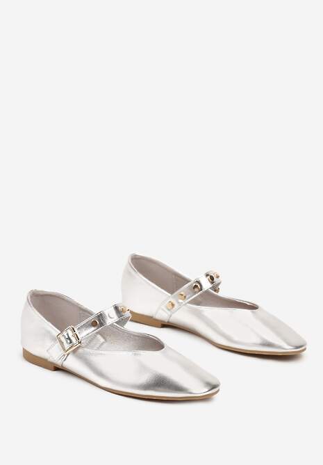 Srebrne Płaskie Balerinki w Stylu Mary Jane z Paskiem na Sprzączkę Zailaene