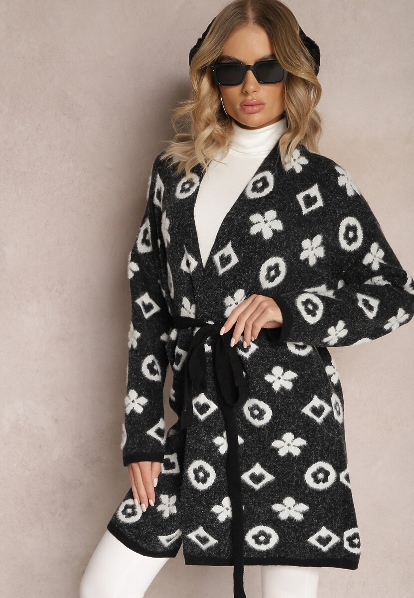 Czarny Kardigan z Wiązanym Paskiem Ozdobiony Wzorem w Kwiaty Timonen