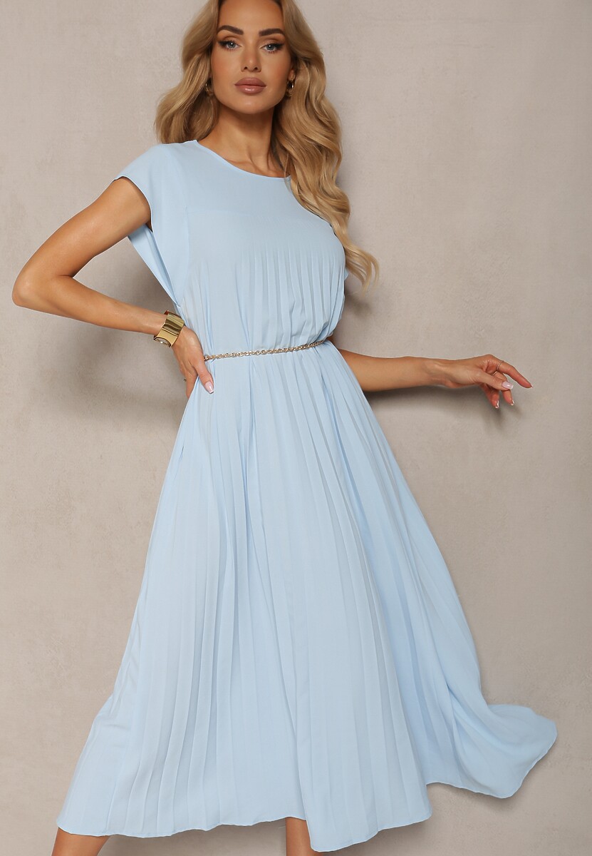 Niebieska Rozkloszowana Sukienka z Plisowaniem i Krótkim Rękawem Hevina