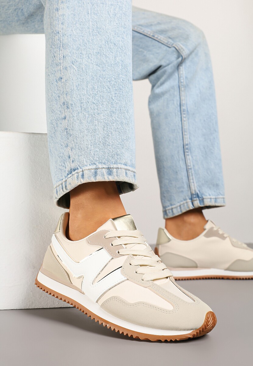 Jasnobeżowe Sneakersy z Geometrycznym Wzorem i Metaliczną Wstawką Zolio