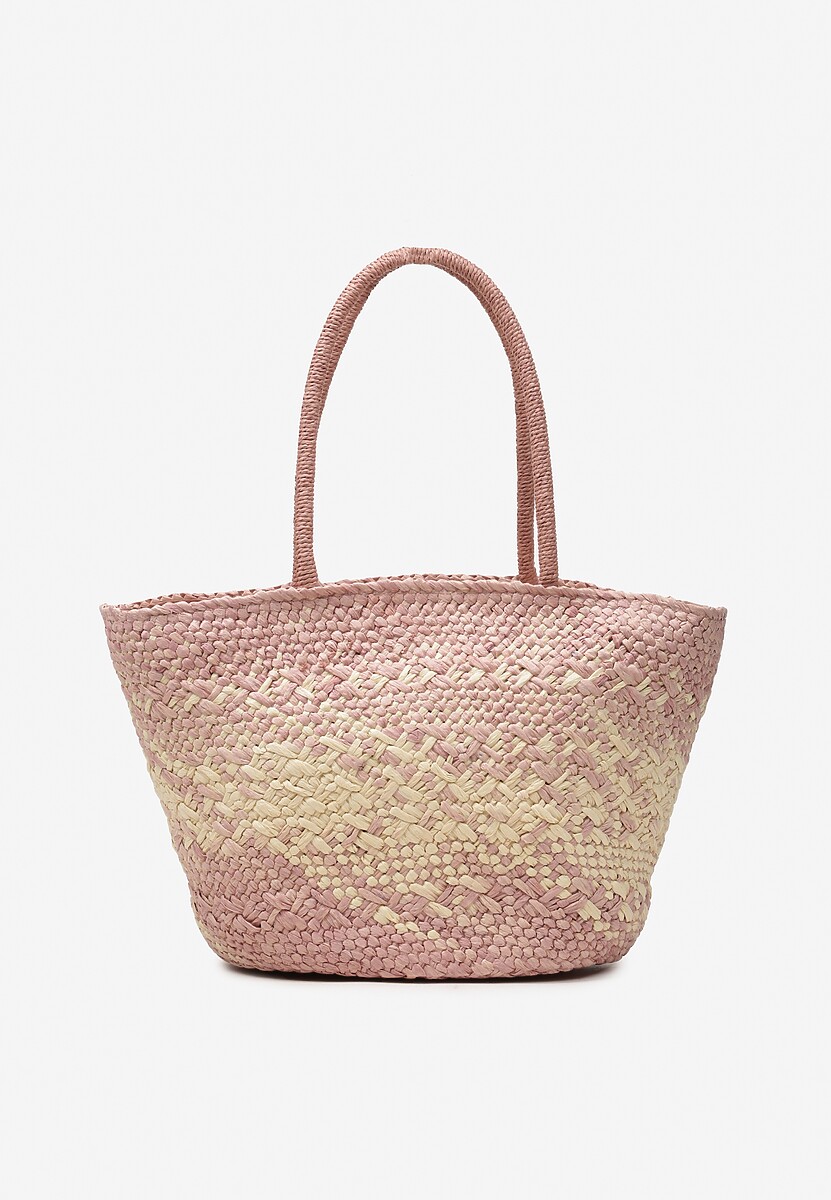 Różowo-Beżowa Duża Torebka z Plecionki w Stylu Boho Zapinana na Zamek Błyskawiczny Noico
