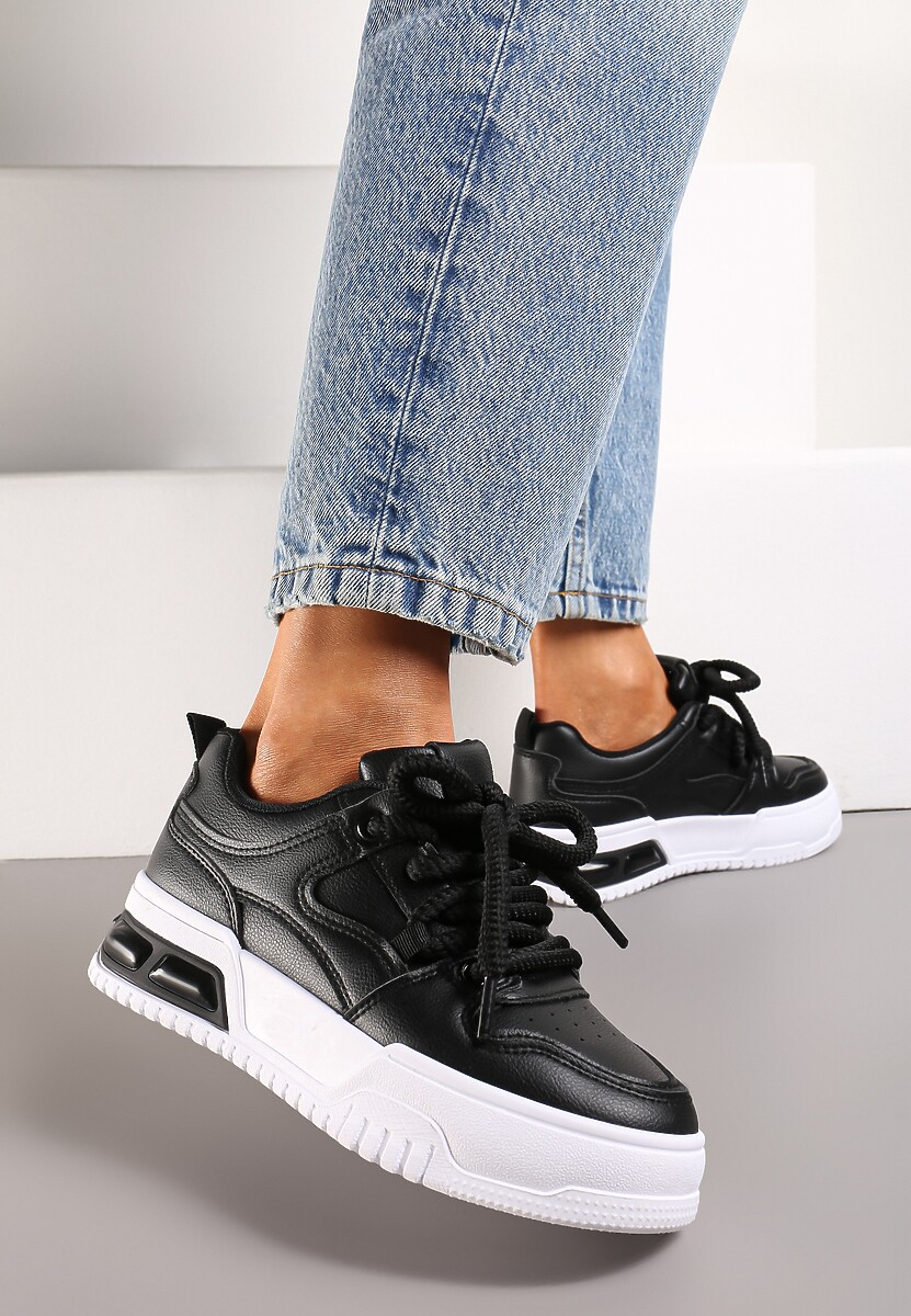 Czarne Sneakersy na Platformie Wiązane na Grube Sznurowadła Mirilte