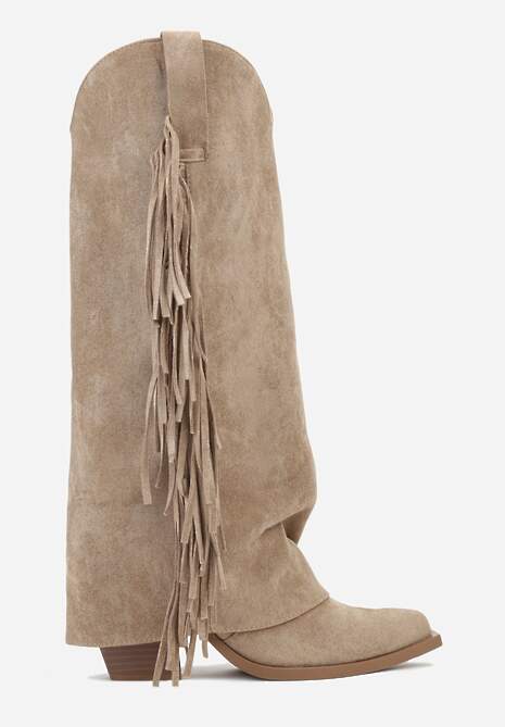 Ciemnobeżowe Kozaki Kowbojki na Stożku z Cholewką Imitującą Nogawkę z Frędzlami Monettea