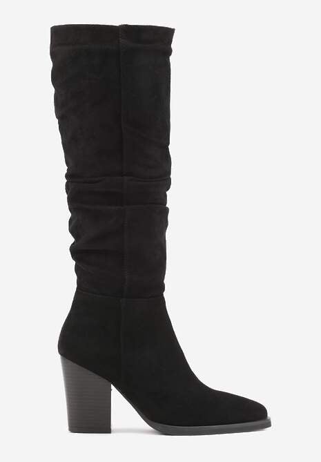 Czarne Kozaki z Ekozamszu na Obcasie Typu Słupek z Marszczeniem przy Cholewce Railaria