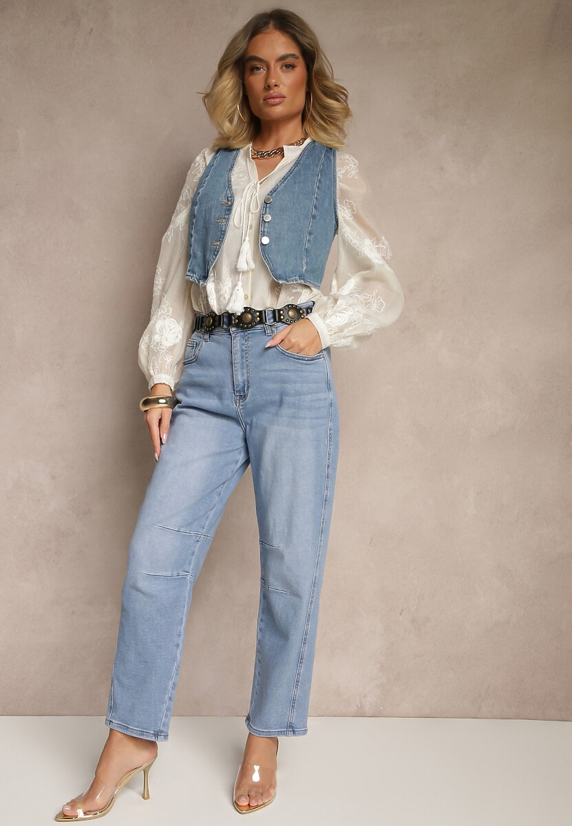 Niebieskie Jeansy Balloon High Waist z Przeszyciami na Wysokości Kolan Nollimi