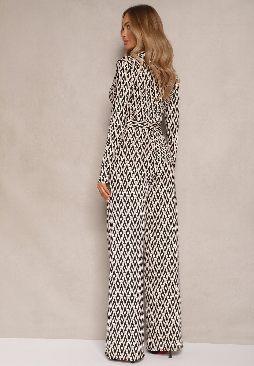 Czarny Kombinezon z Kopertowym Dekoltem Paskiem i Geometrycznym Printem Sarilen