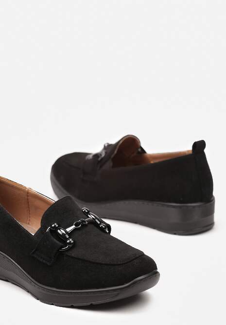 Czarne Półbuty na Grubej Podeszwie z Klamerką i Wkładką ze Skóry Naturalnej Obliria