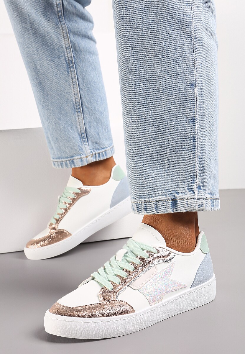 Biało-Szampańskie Sneakersy z Brokatowymi Wstawkami i Gwiazdką Reniva