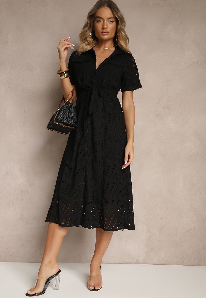 Czarna Ażurowa Sukienka Koszulowa Ozdobiona Paskiem Rinailia