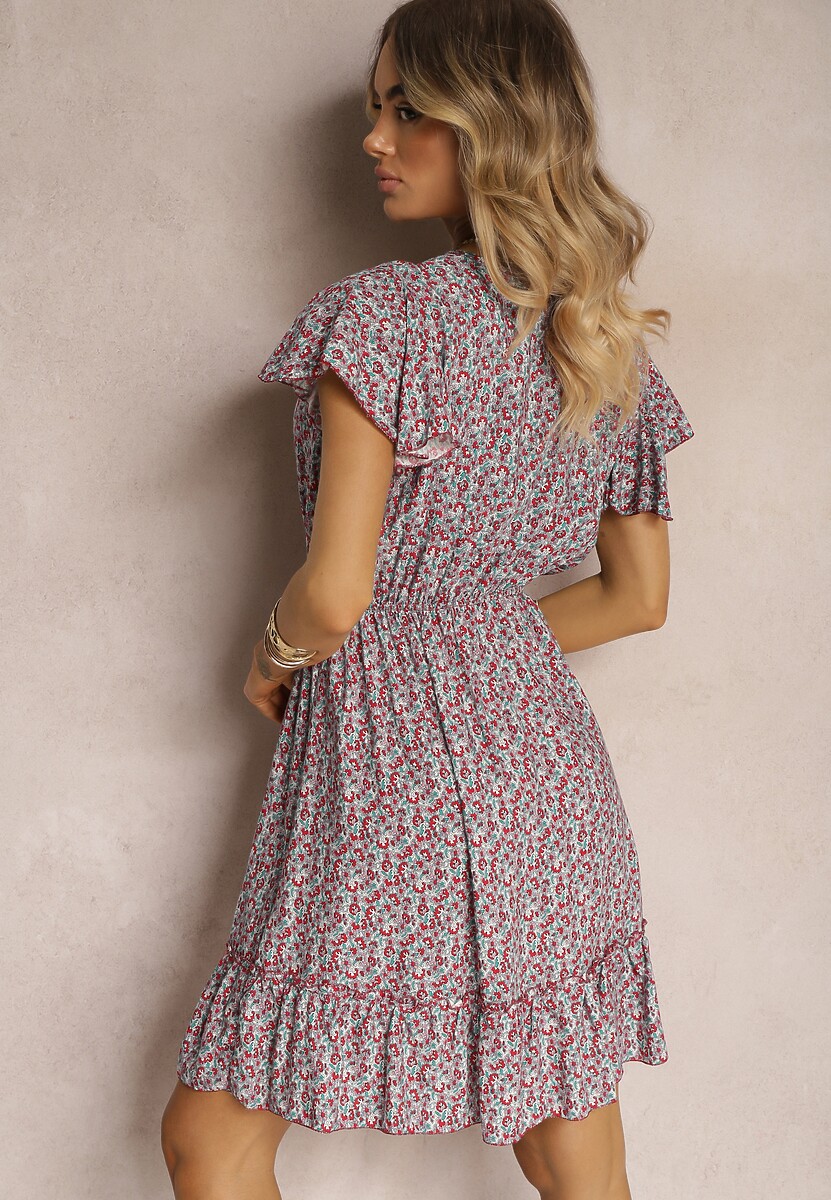 Bordowa Sukienka z Bawełny w Kwiaty z Gumką w Talii Ozdobiona Falbanami Neliera
