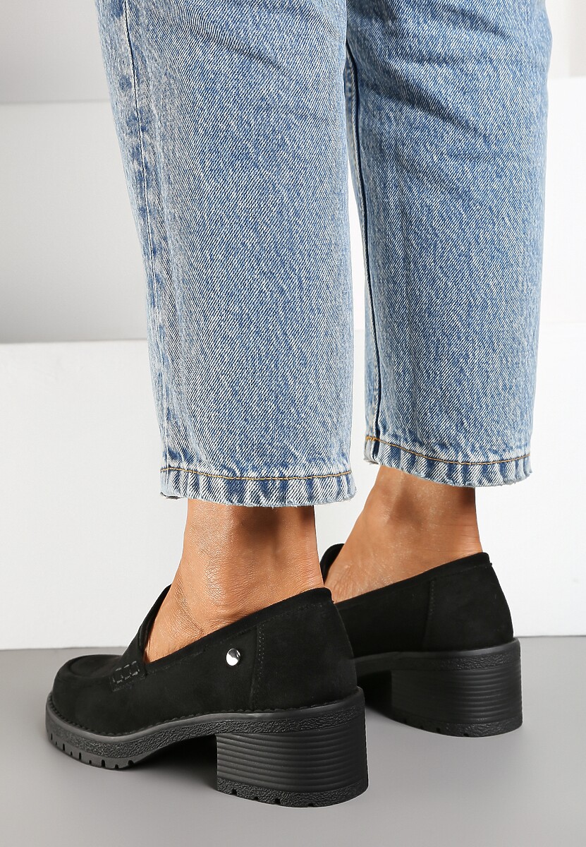 Czarne Półbuty Mokasyny na Słupku Ozdobione Paskiem Lorinnara