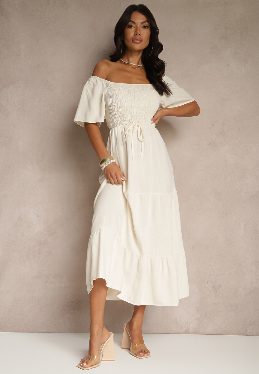 Jasnobeżowa Wiskozowa Sukienka z Lnem o Rozkloszowanym Kroju Koloreia