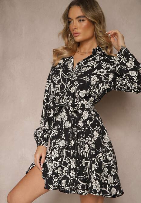 Czarna Koszulowa Sukienka z Wiskozą Ozdobiona Wzorem w Kwiaty Penilra