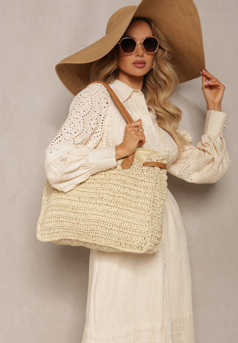 Beżowa Pleciona Torebka o Dużym Fasonie Tote w Stylu Boho Emerria