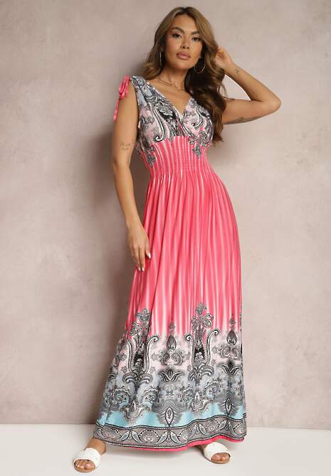 Różowa Rozkloszowana Sukienka z Trójkątnym Dekoltem i Ściągaczami w Ramionach Aneapmia