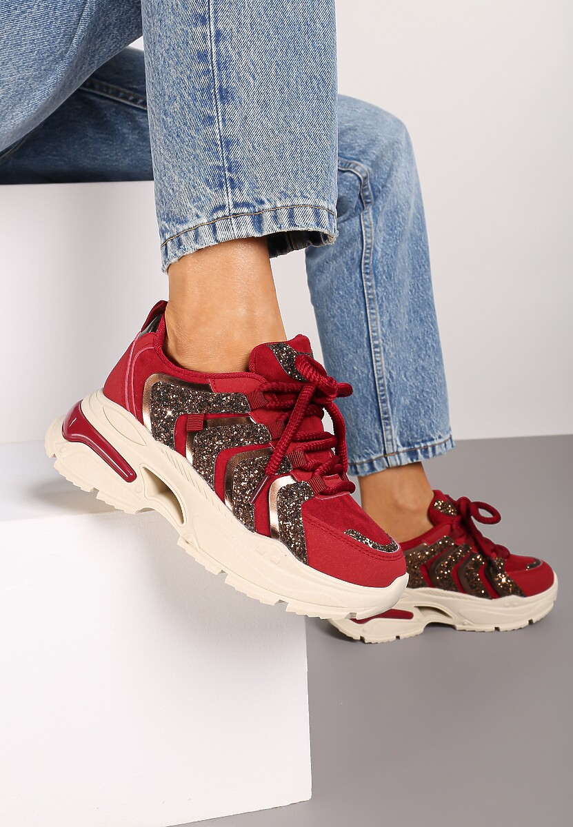 Bordowe Sznurowane Sneakersy na Platformie Ozdobione Brokatem Ewla