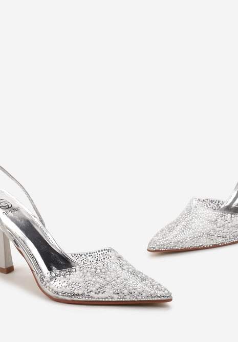 Srebrne Sandały z Transparentnym Noskiem na Szpilce Ozdobione Perłami i Cyrkoniami Halene