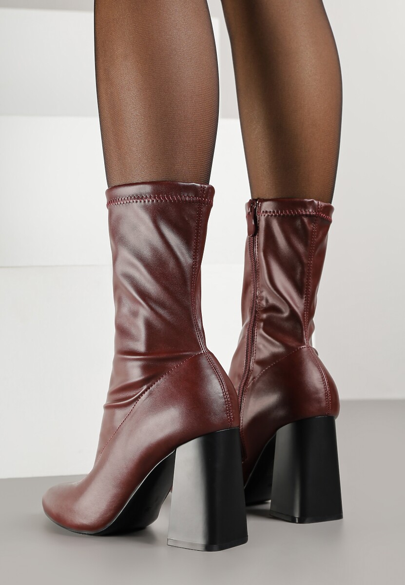 Bordowe Przylegające Botki Vices na Słupkowym Obcasie Nevitte